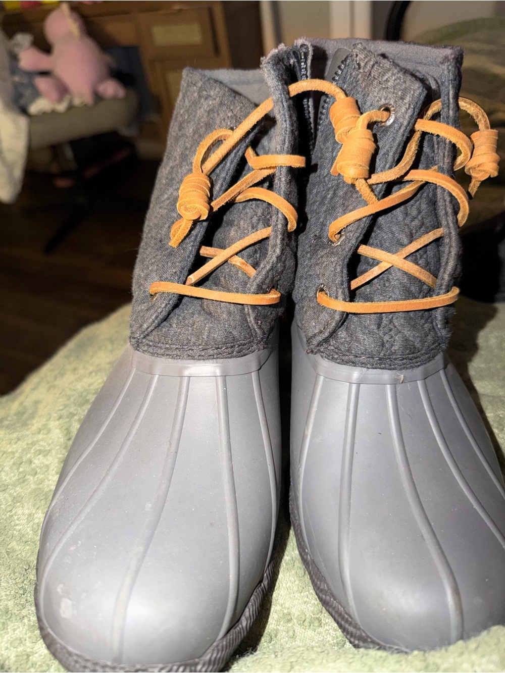 Sperry Gray Waterproof Duck Boots with Tan Laces